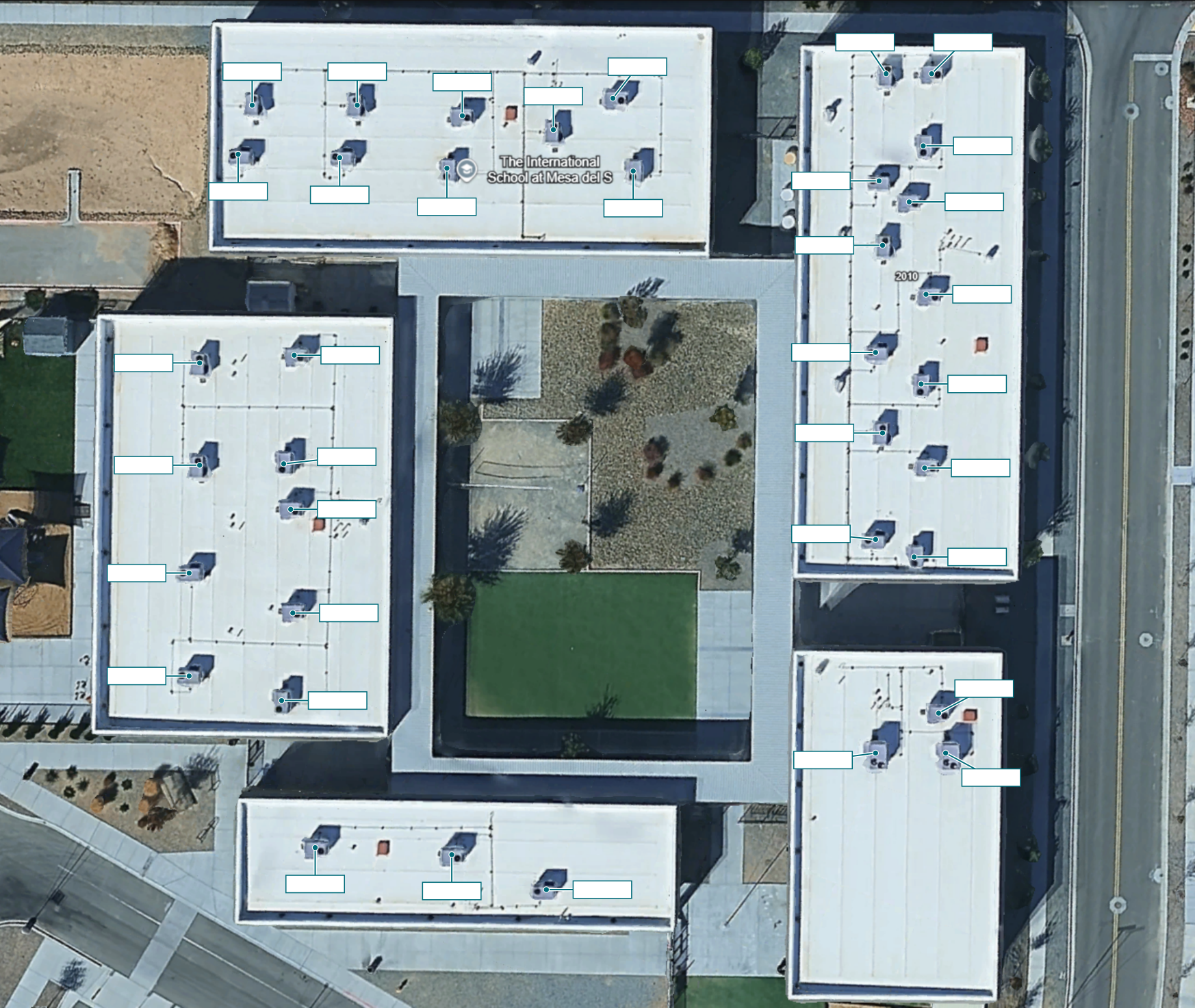 Mesa Del Sol roof map with equipment locations from supplied labeled plan